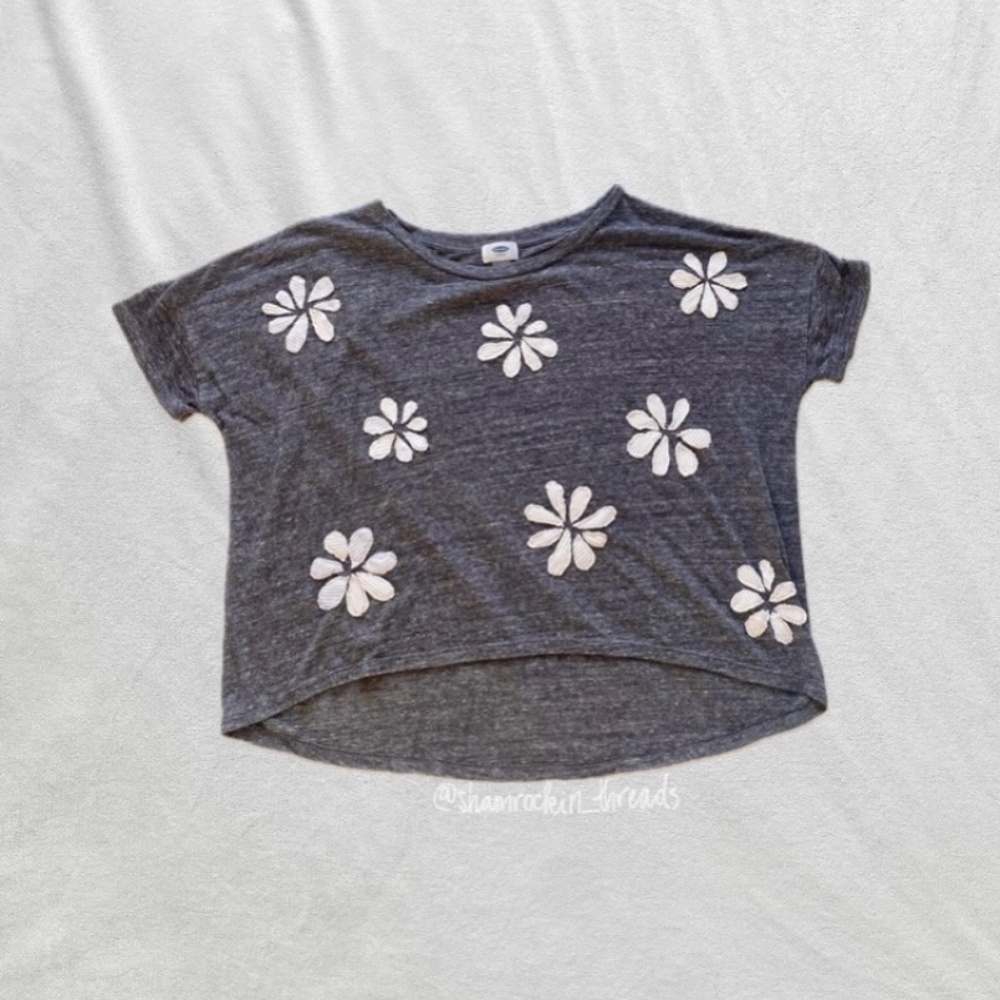 gray and white patchwork boxy flower tee
